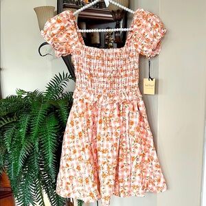 Brand New Smak Parlour Peach Gingham Floral Smocked Mini Dress Puff Sleeves Mod